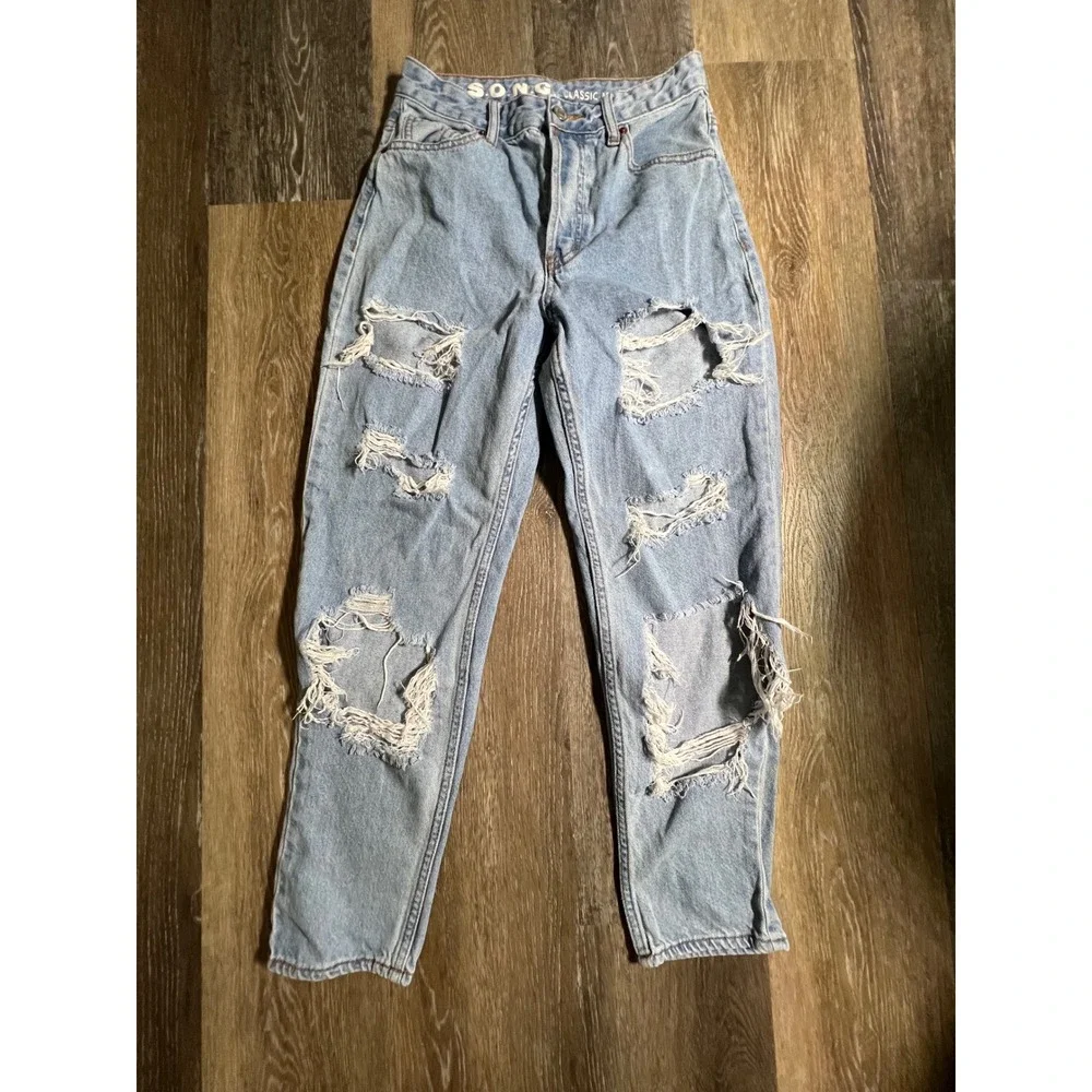 S.O.N.G. Distressed Mom Jeans Womens 3/26 Light Wash Blue Good Ripped Denim